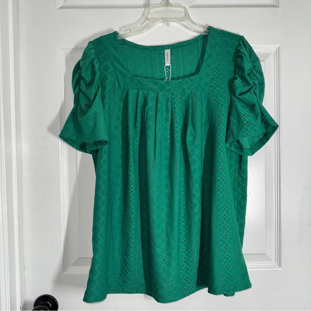 Dokotoo Elegant Green Square Neck Loose Fit Short Sleeve Blouse size L - Picture 4 of 9